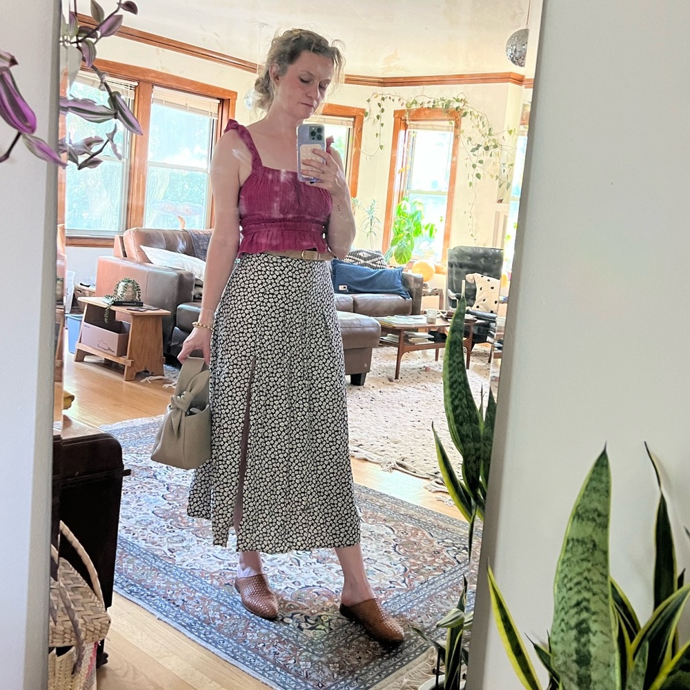 Cream and Navy Floral Reformation Midi Skirt with Slit